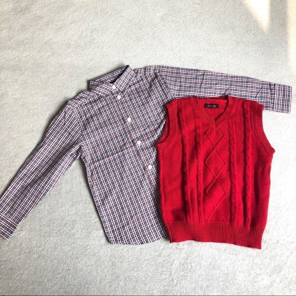 TFW red plaid button down & red cotton Vneck vest